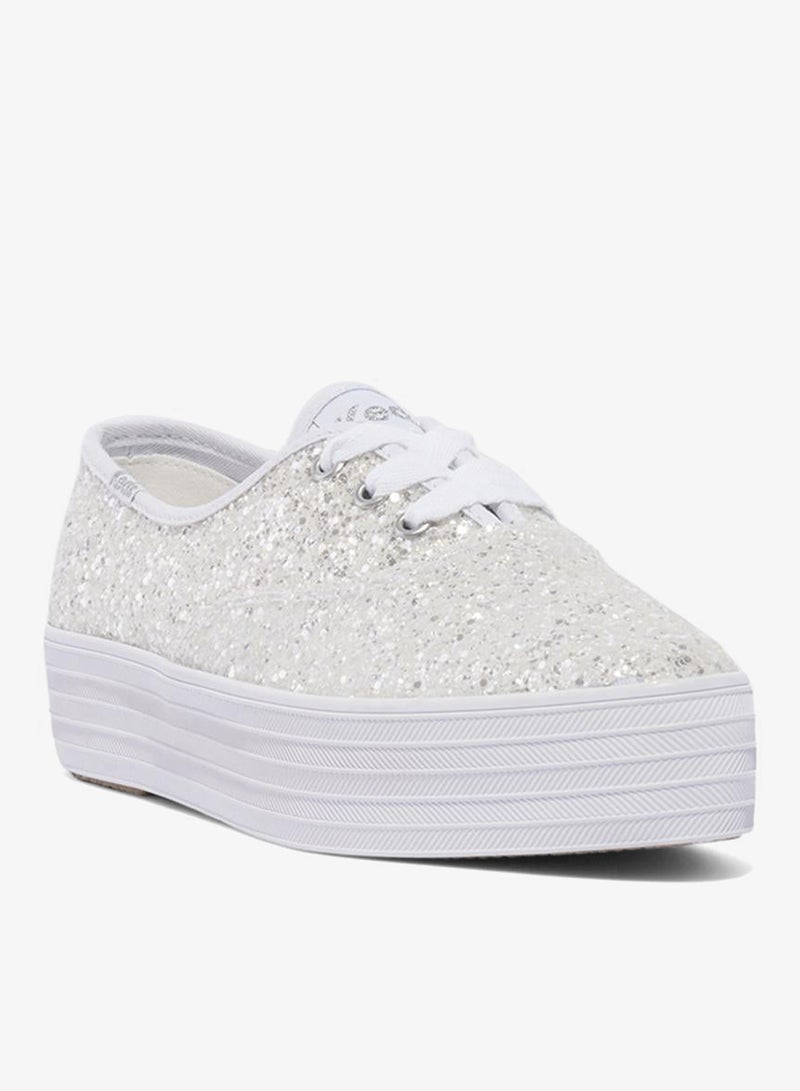 Keds Women's Point Lace Up Platform Glitter Casual Sneaker White - Image 3